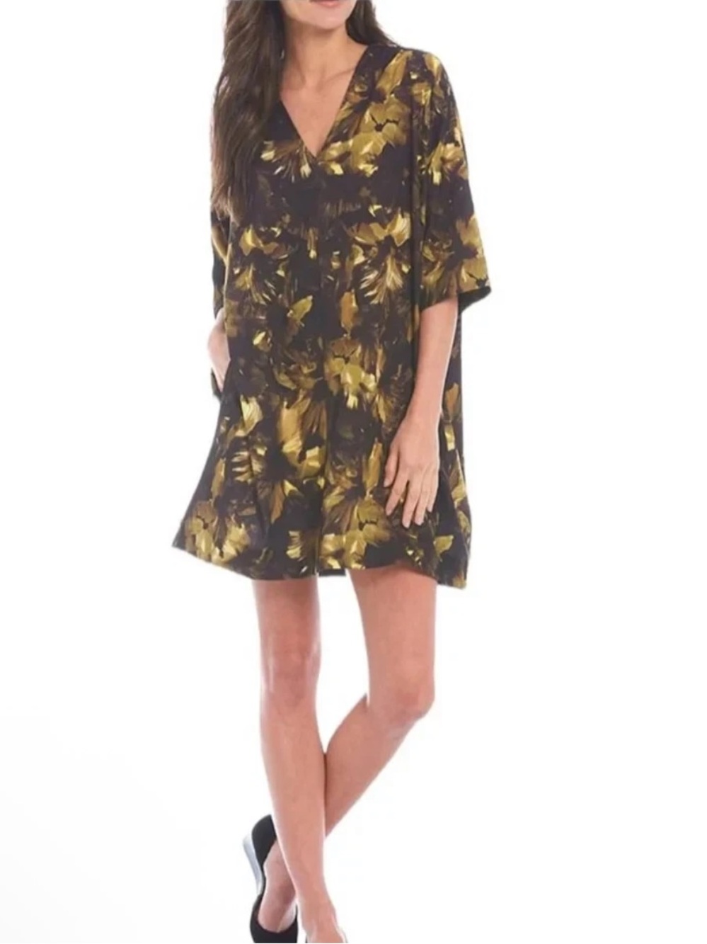 Bryn Walker Bingley Luna Dress Women XL Floral 3/4 Sleeve Pocket Tunic Lagenlook